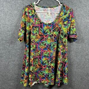 LuLaRoe Womens Medium Short Sleeve Tunic Top Multicolor Geometric Abstract Print
